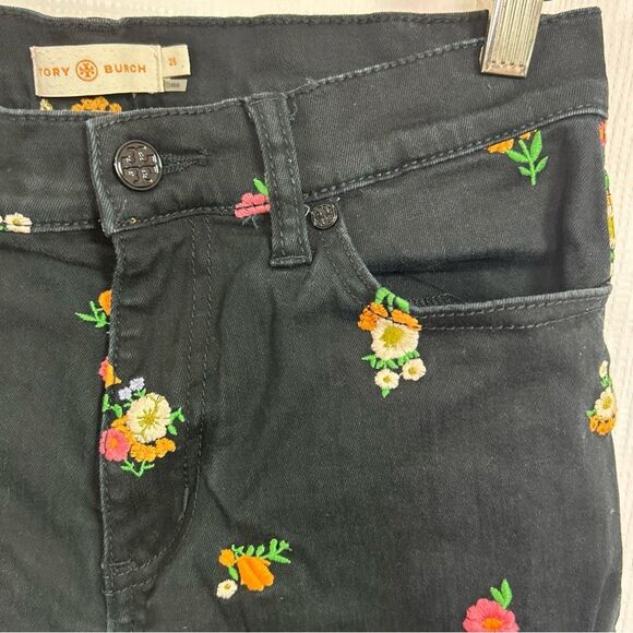 Tory Burch Jeans Womens 25 Brindle Black Floral Embroidered Skinny Ankle Jeans - Picture 4 of 13